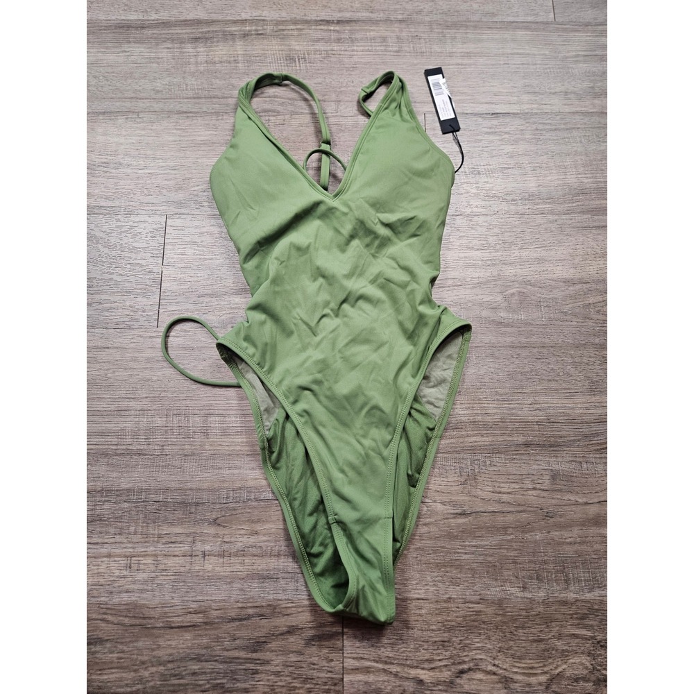 NWT TA3 Hi Cut Plungey Swimsuit S RL Army Green Lace Up Back Sculpting One Piece